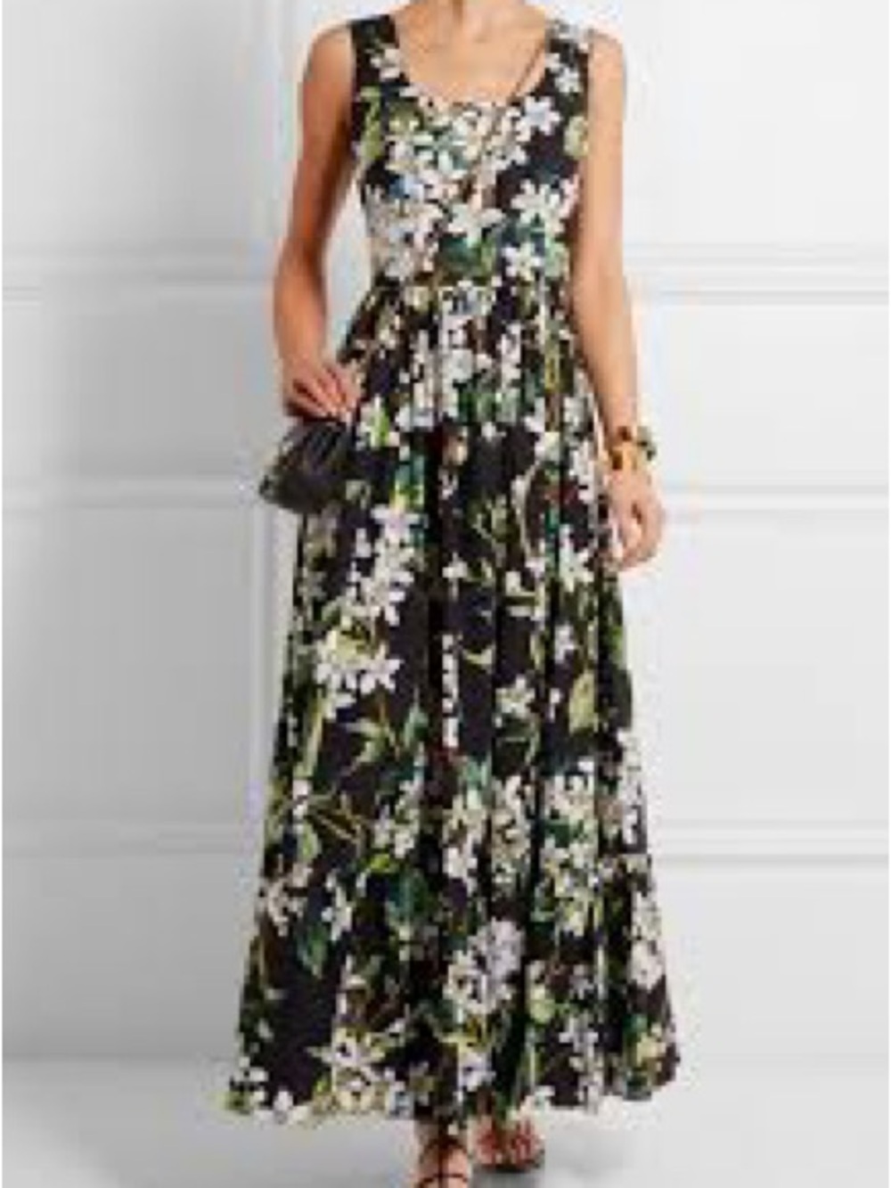 Dolce & Gabbana Black Floral Maxi Dress with White and Green Print
